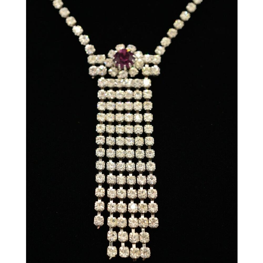 Vintage Crystal Fringe Necklace Collar Necklace Prong Rhinestone Purple NOS BinA